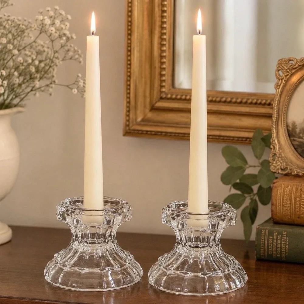 Crystal Candle Holders Pair Dual Taper & Pillar VTG 12-Sided Fluted Pedestal